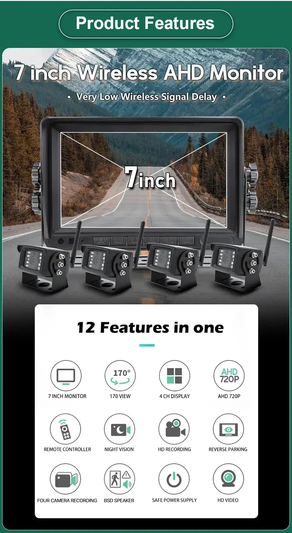 GreenYi 7-inch wireless AHD truck DVR monitor with four cameras, night vision, Simples Market