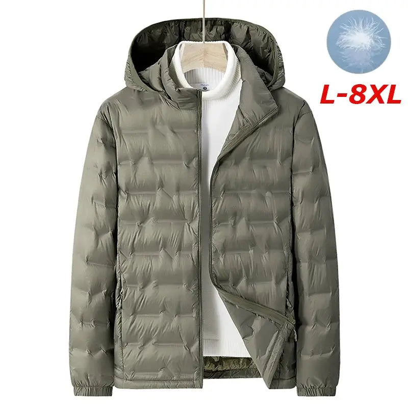 Men's olive green hooded down puffer jacket, lightweight quilted winter coat