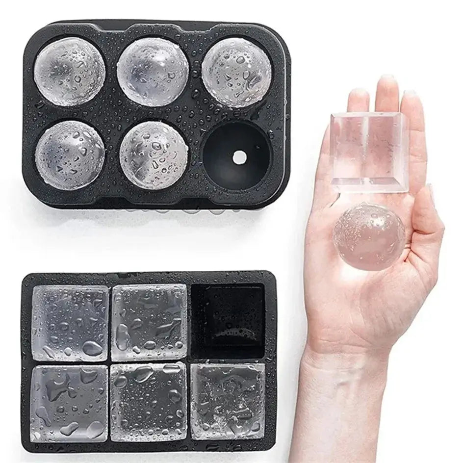 Silicone ice cube mold set with lid by Simples Market; round 6-cube tray and square 6-cube tray for whiskey.