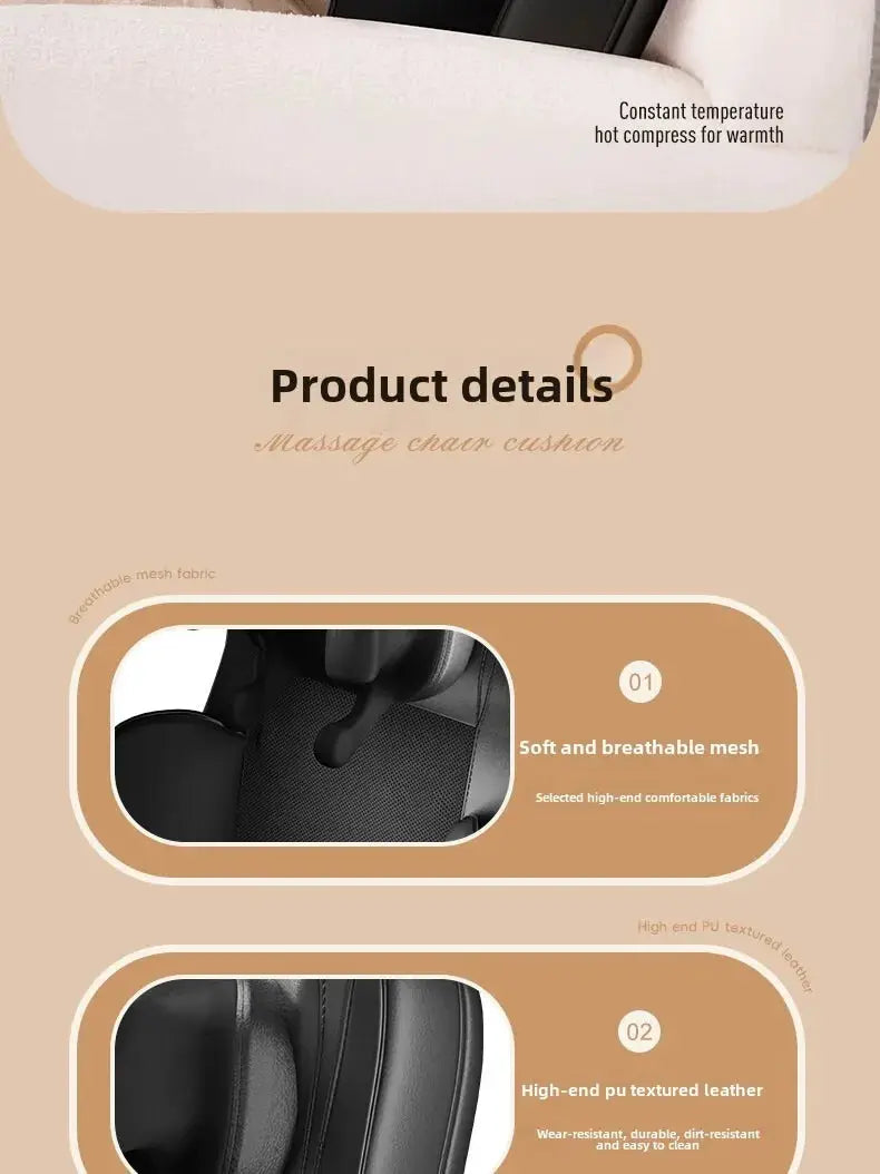Massage chair cushion with neck, back, and leg shiatsu kneading; soft breathable mesh and PU leather panels.