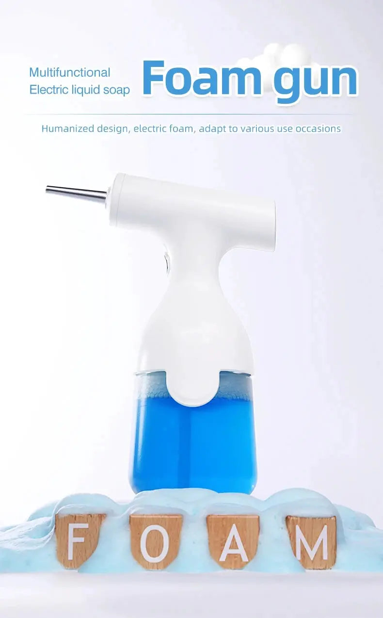Electric foam gun dispenser with white plastic body and blue liquid reservoir.