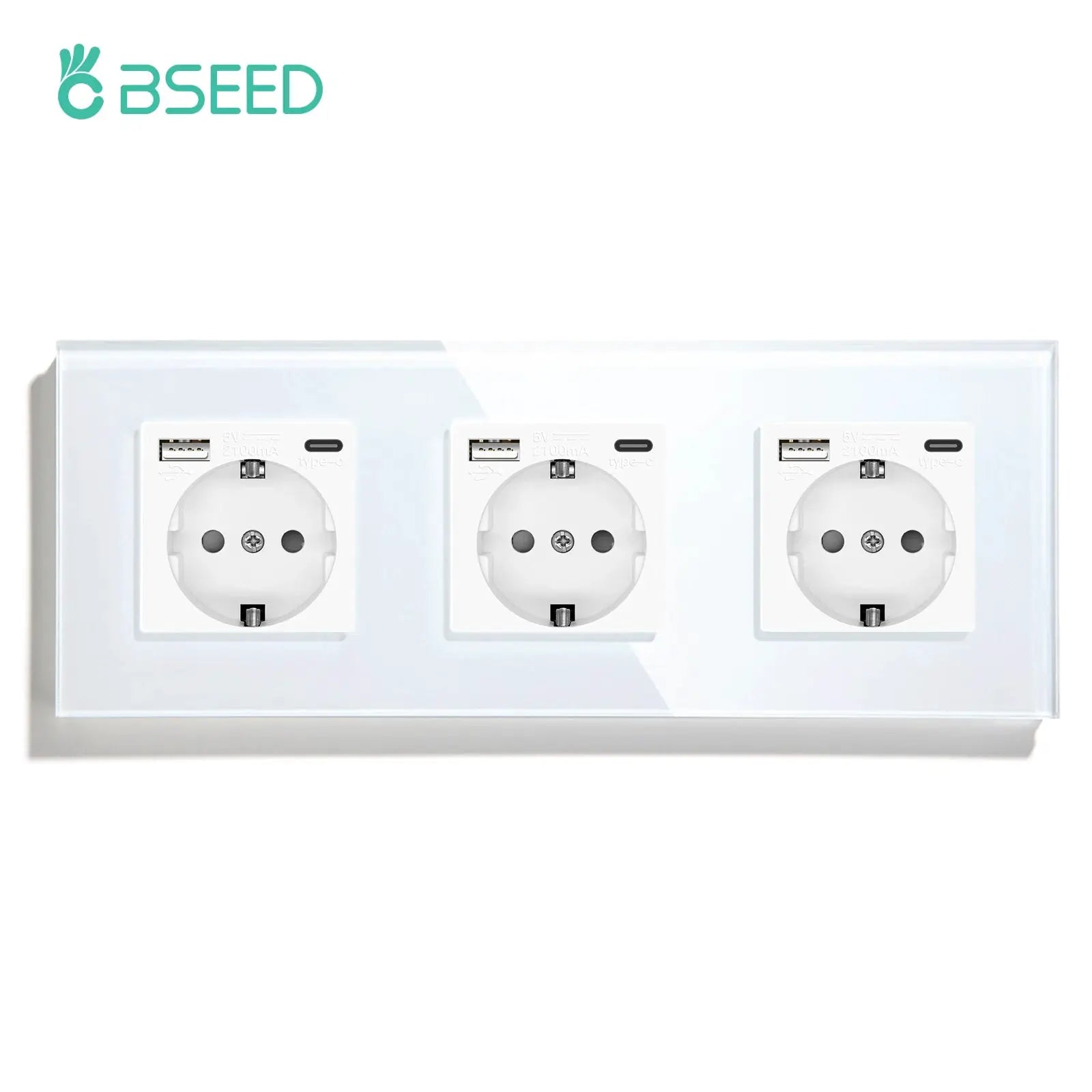 BSEED glass-panel triple white EU wall power sockets with USB-C ports