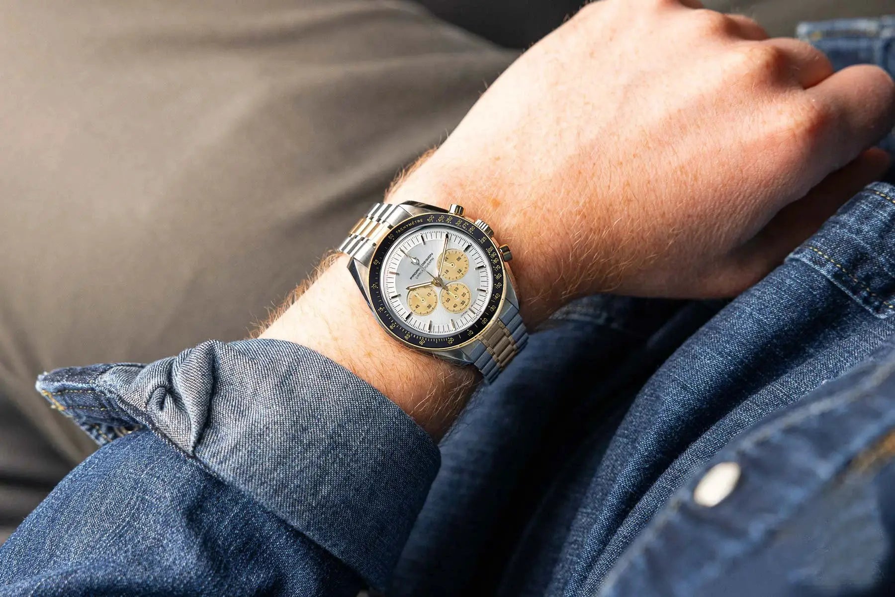 Men's PAGANI DESIGN chronograph watch with two-tone stainless steel bracelet, white dial, gold subdials