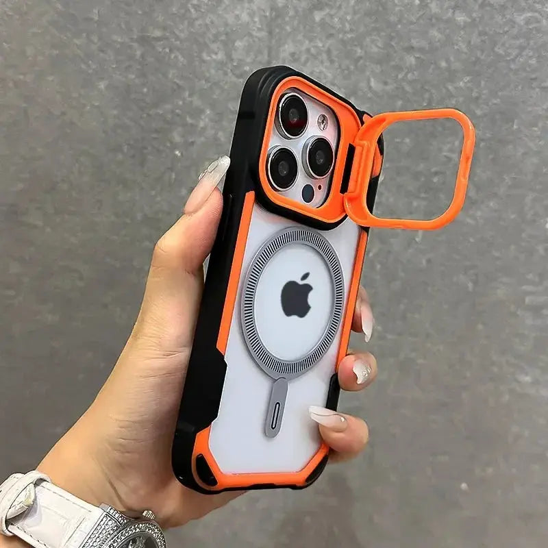 Armor Fold Lens Stand Case with MagSafe for iPhone; black shell with orange fold-out lens frame