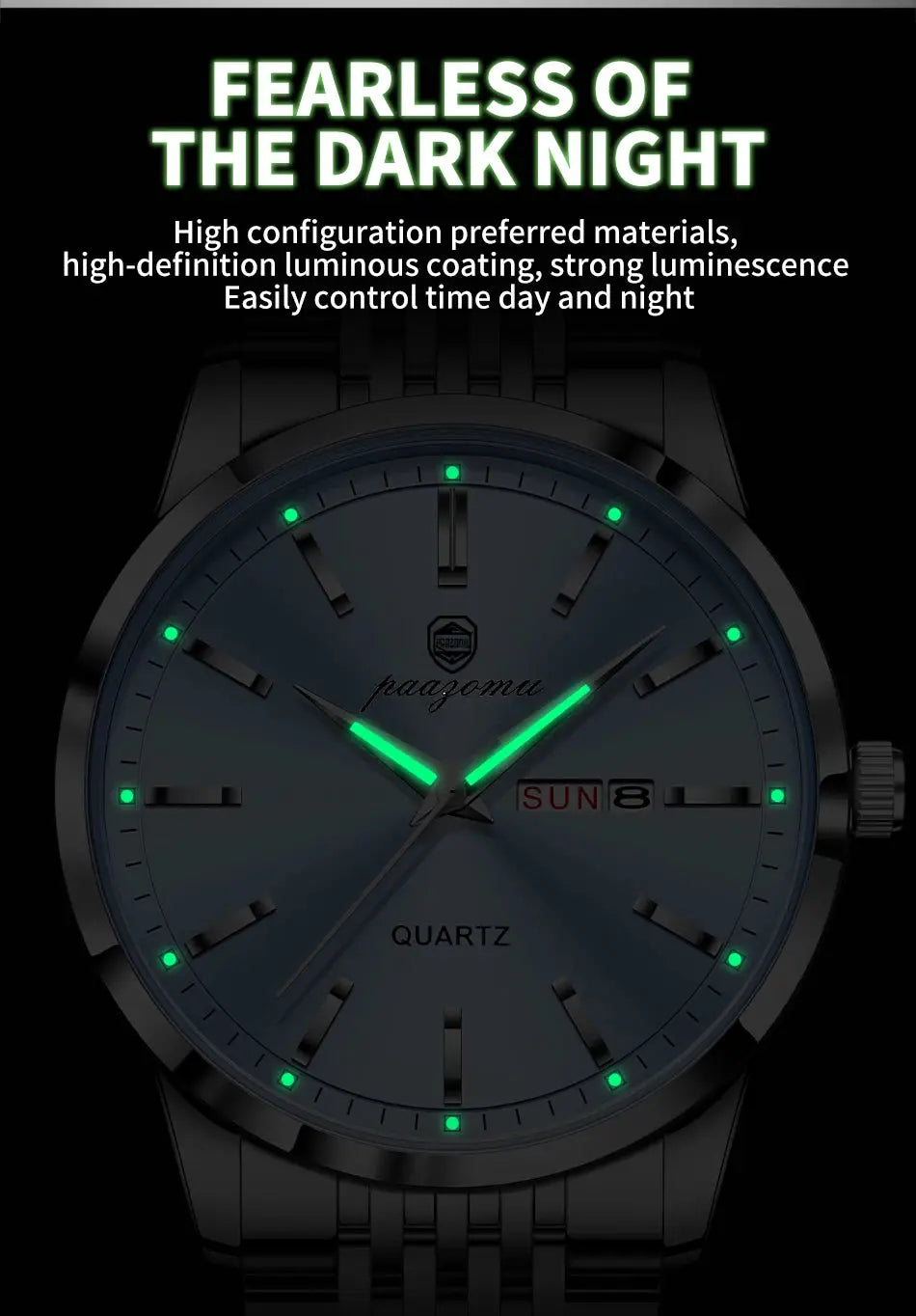 PAAZOMU men's luxury stainless steel waterproof quartz watch with luminous green hands and date display