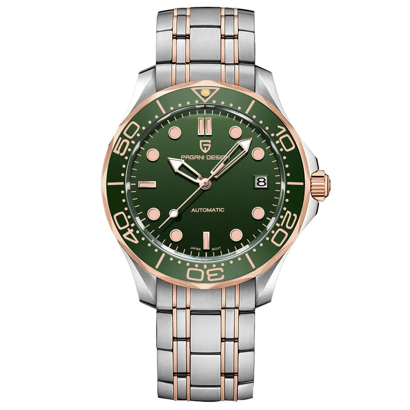 PAGANI DESIGN men's automatic wristwatch with green dial, rose-gold bezel and two-tone stainless steel bracelet