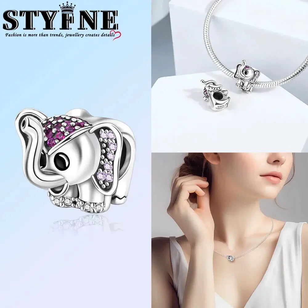 925 Sterling Silver Rainbow Woodpecker Animal Pendant With Elephant Bead For DIY Bracelet Making Birthday Gift Idea