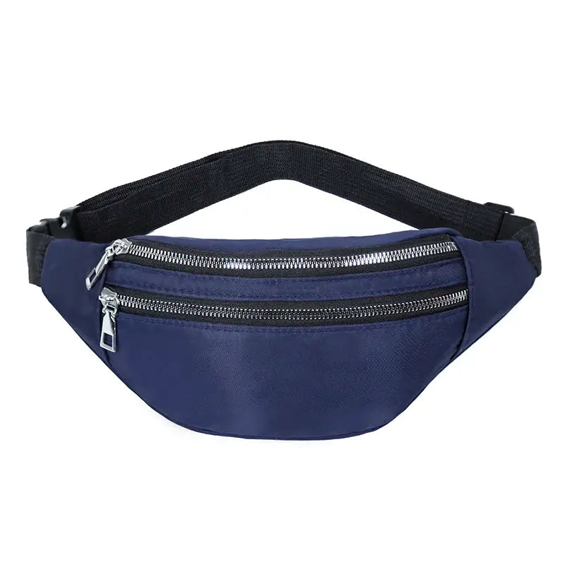Navy blue fanny pack with dual zip pockets and an adjustable black strap