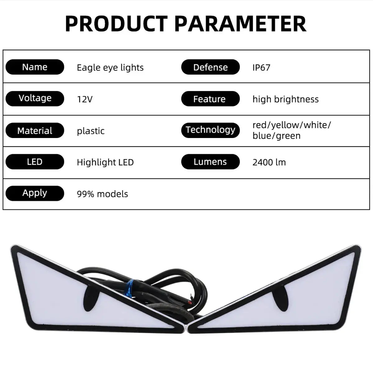 Pair of universal car LED devil eye lights with white lenses and black housing, wired for installation