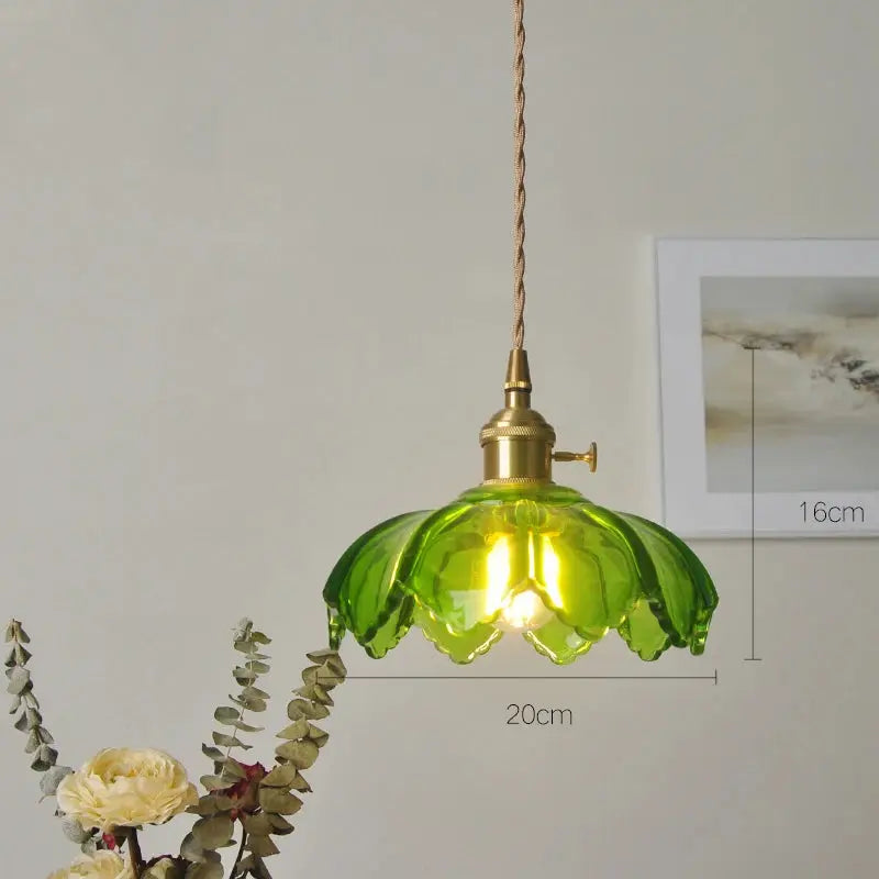 Green petal-shaped glass pendant lamp with brass hardware, vintage rural style, 20cm wide