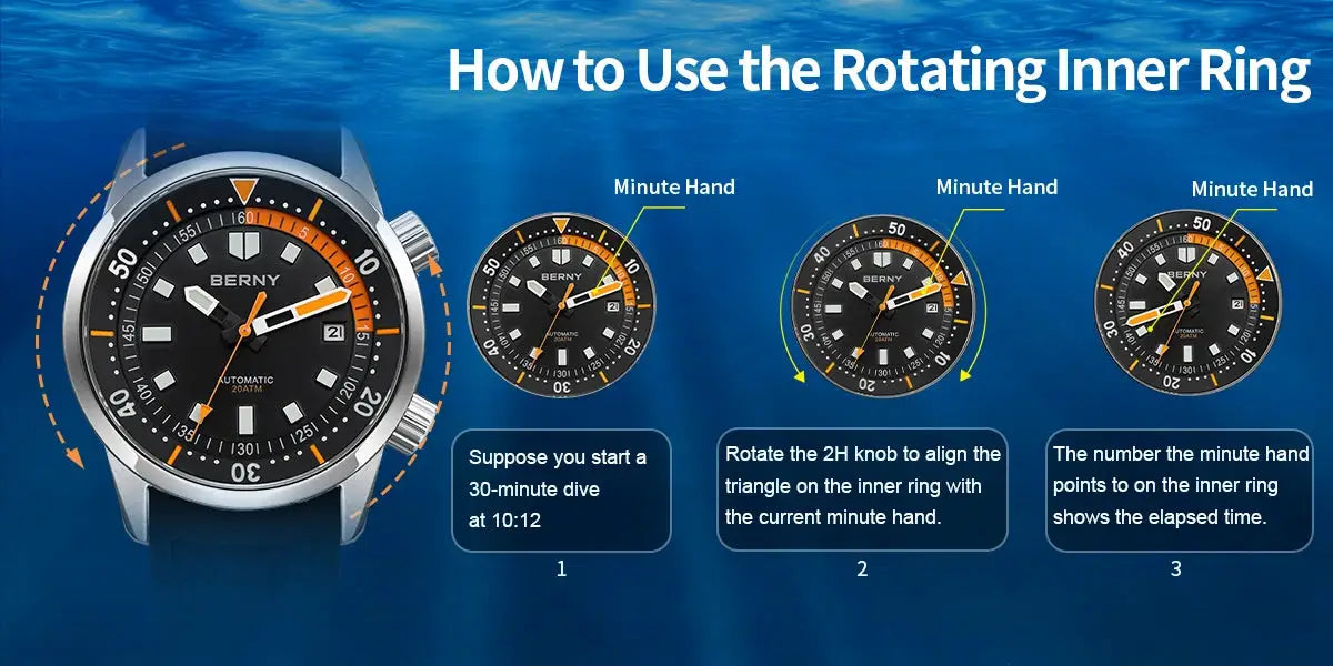 BERNY men's dive watch, 200m water resistant with super luminous automatic movement, 42mm steel case