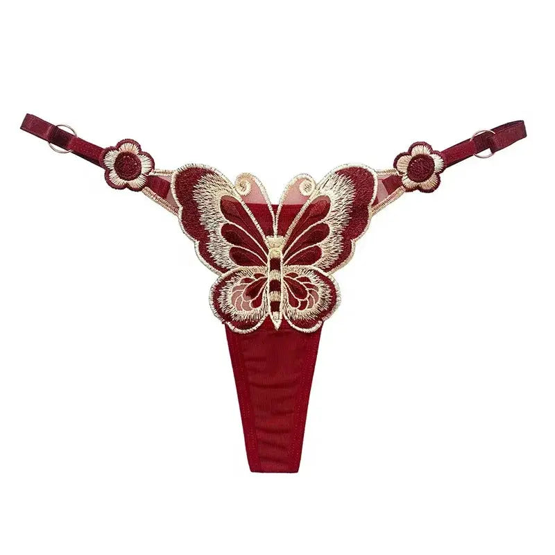 Butterfly lace thong red by Simples Market, low-waist G-string with embroidered front and adjustable side straps.