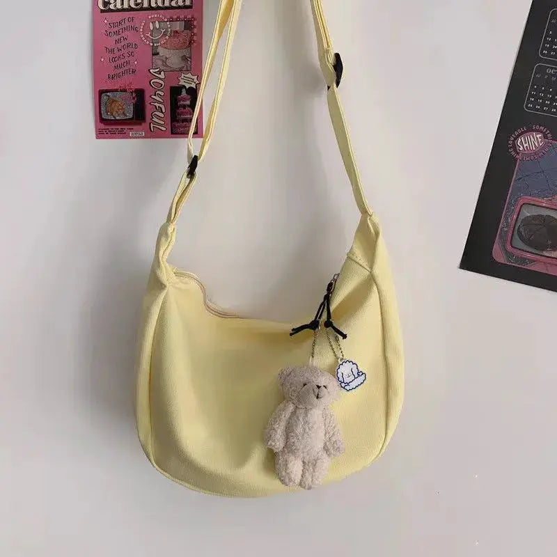 Shoulder bag yellow crossbody with teddy bear charm, large capacity, Harajuku style.