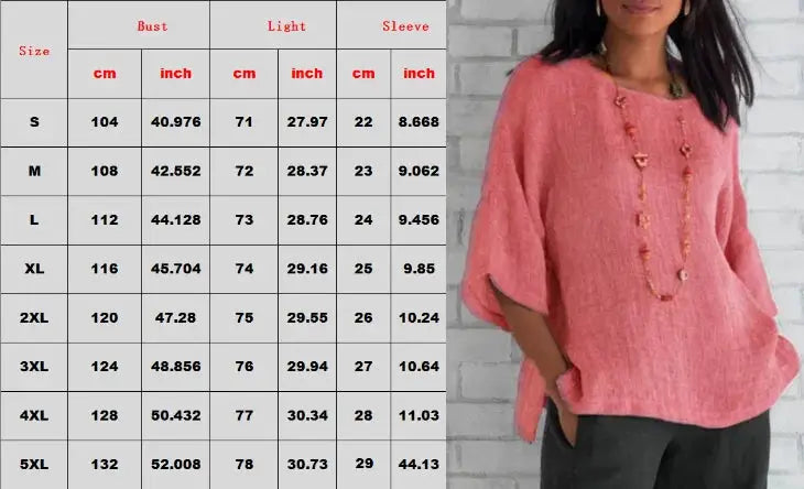 Cotton Blouse Shirt O Neck Three Quarter Sleeves Casual Top Women