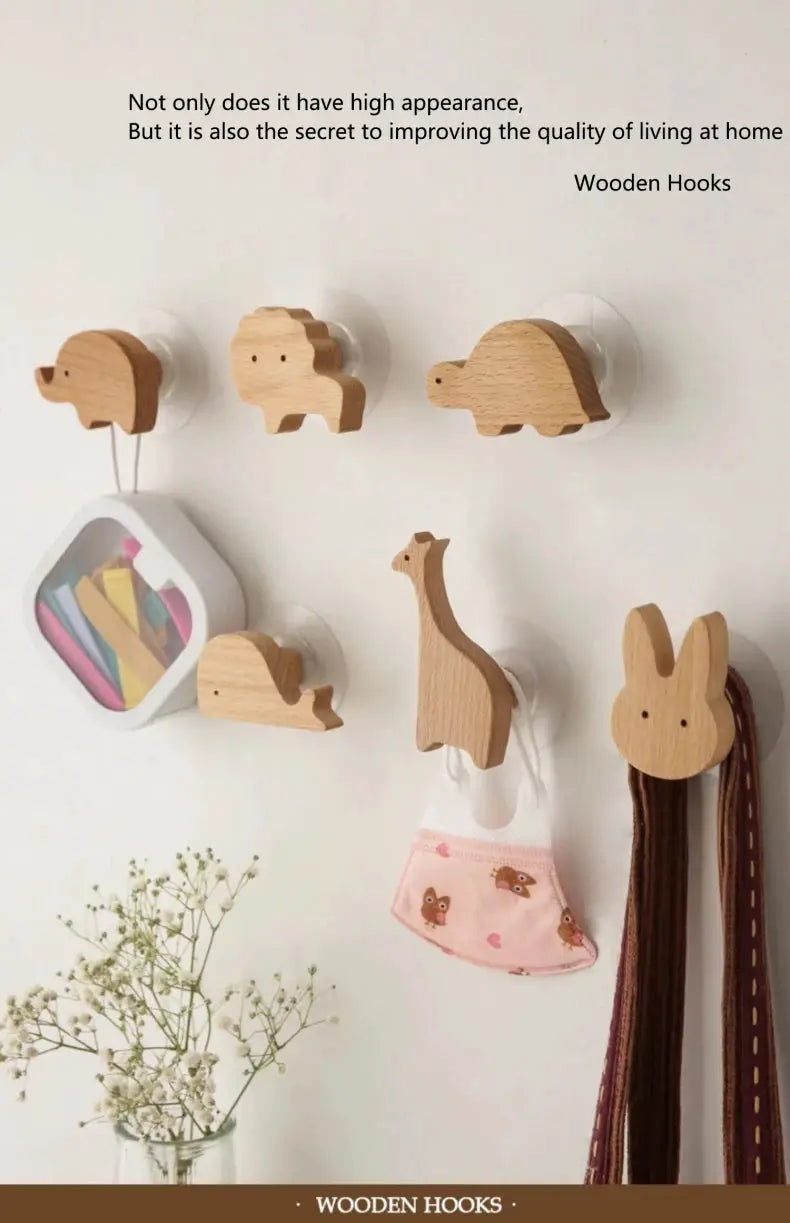 Simples Market wooden animal wall hooks set in natural wood finish; six shapes for coats, keys, and bags