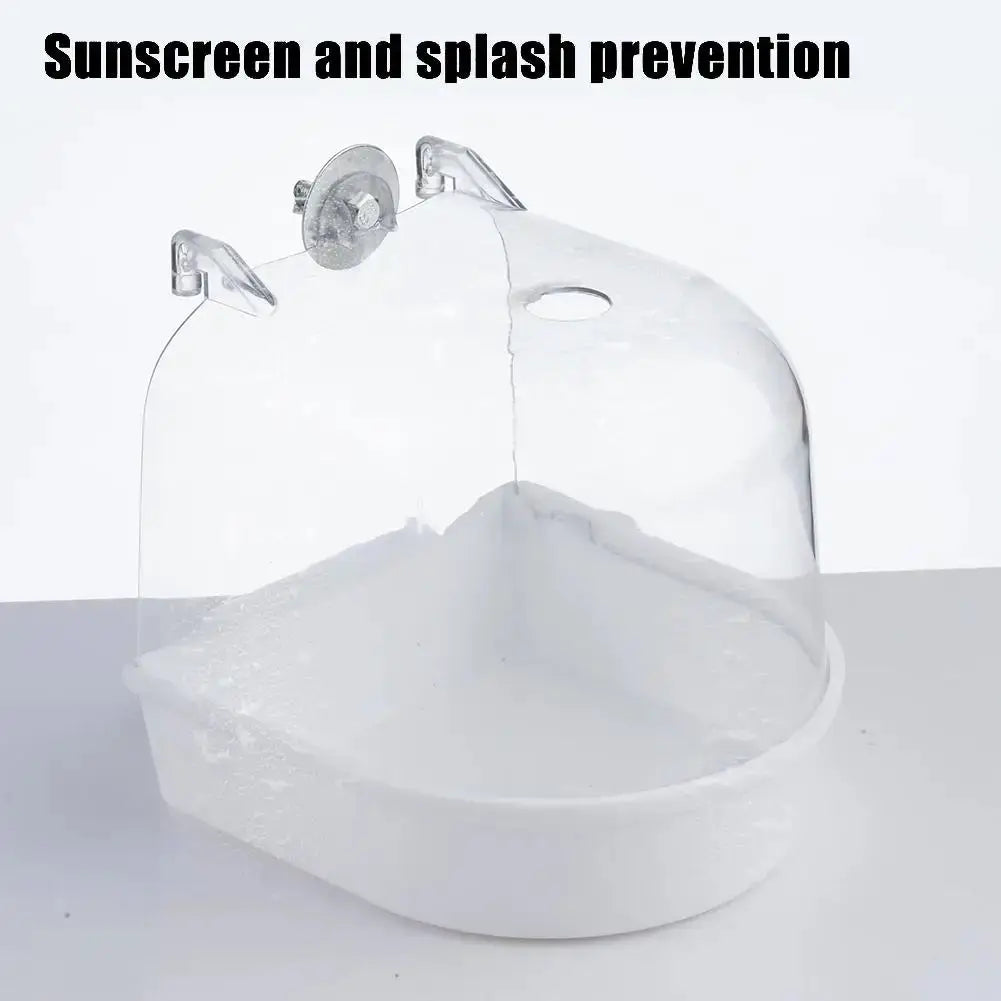 Hanging bird bath cube by Simples Market for small parrots and canaries; white plastic tub with clear dome and clips