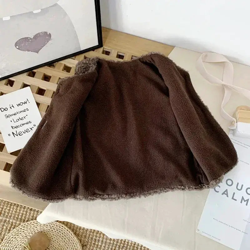 Autumn Winter Baby Lamb Wool Velvet Waistcoat For Girls And Boys Plush Vest Single Breasted V Neck Warm Coat