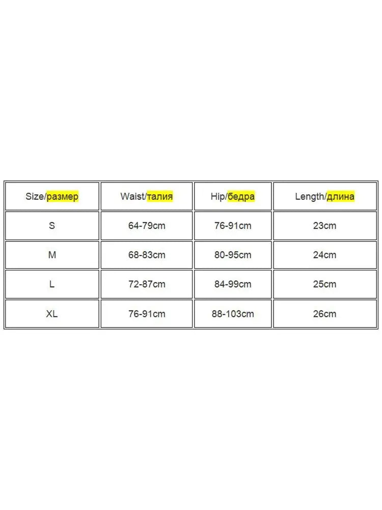 Simples Market size chart for high‑waist sport shorts; waist, hip and length measurements for sizes S–XL.