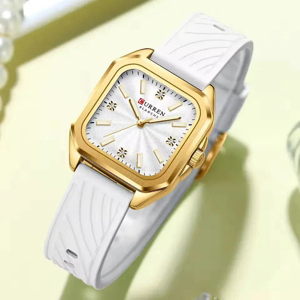 CURREN 9113 ladies' quartz watch with gold-tone square case and white patterned strap