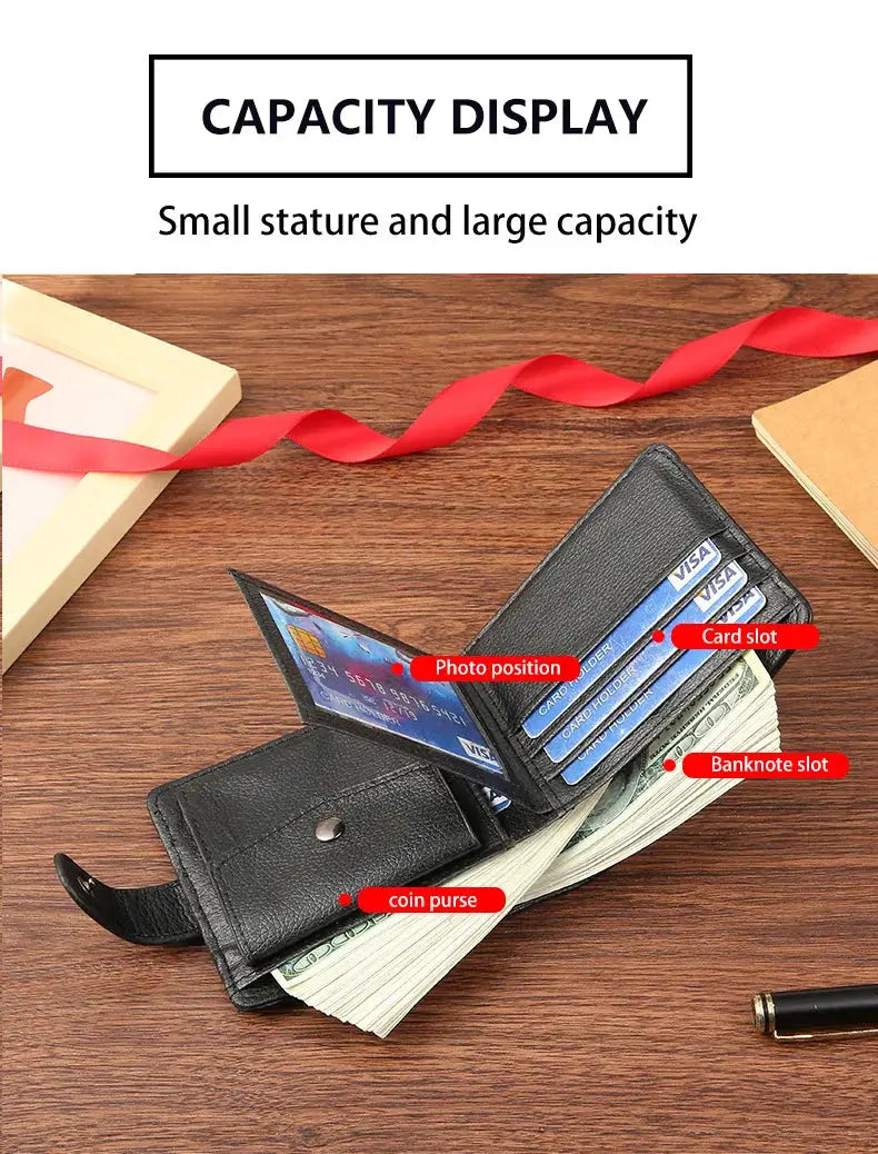Simples Market men's black leather slim bifold wallet with coin pouch, ID window, and card slots.
