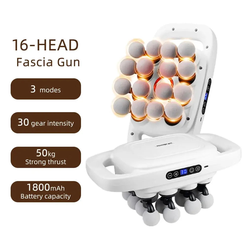 16-Head Fascia Gun by Simples Market, white high-frequency massager with 16 heads and digital controls