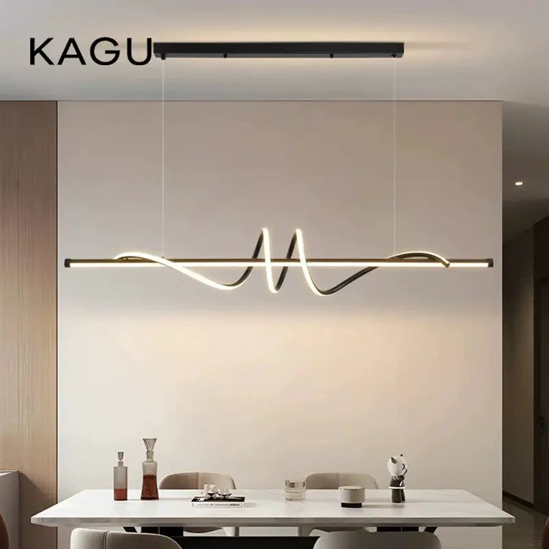 KAGU modern LED pendant light with a wavy illuminated tube over a white dining table