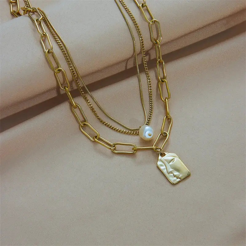 DIEYURO 316L Stainless Steel 3 Layer Pearl Square Portrait Pendant Necklace For Women Punk Street Trend