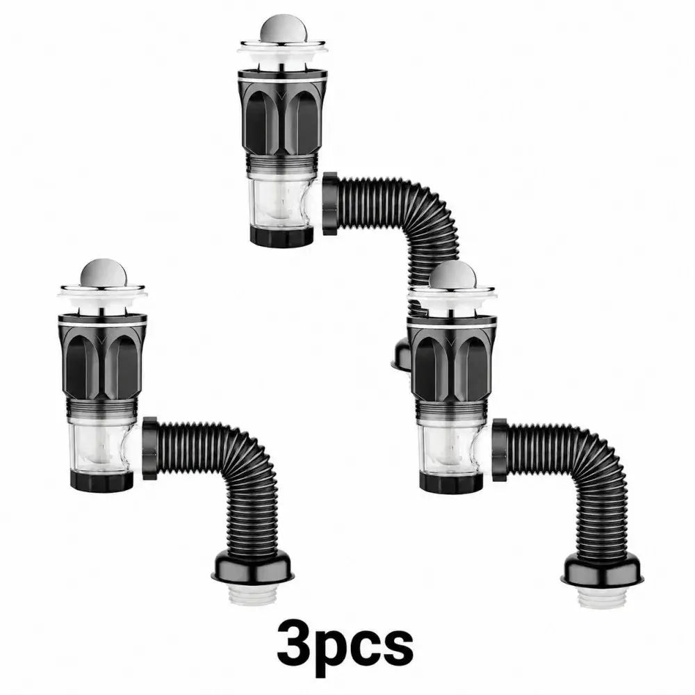 Simples Market 3pcs bathroom sink drain kit with black ABS body, stainless steel top outlet and flexible hoses