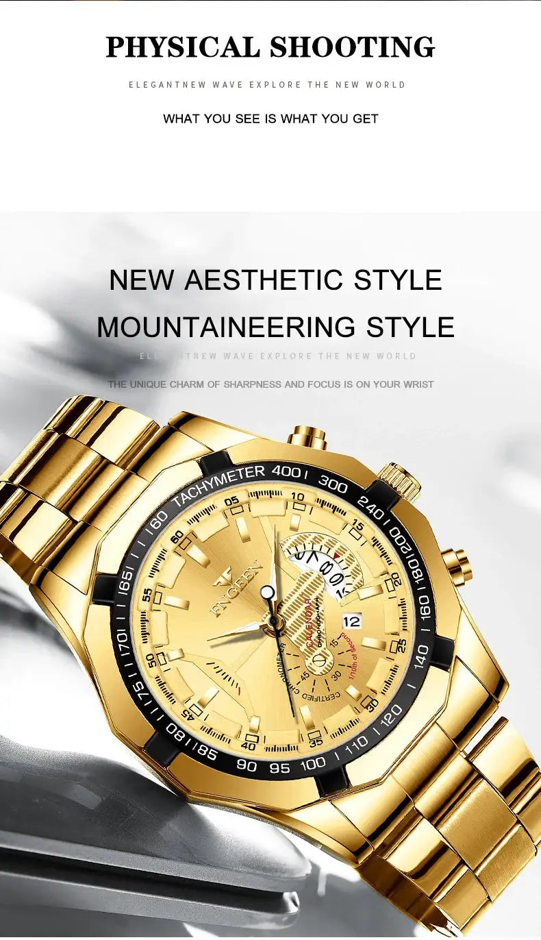 BINBOND men's gold stainless steel wristwatch with black tachymeter bezel and date window