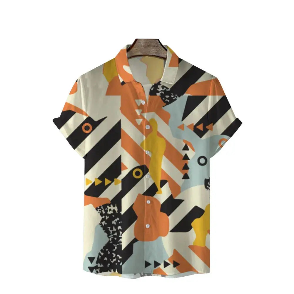 Hawaiian print short-sleeve shirt by Simples Market with orange, black and yellow geometric pattern