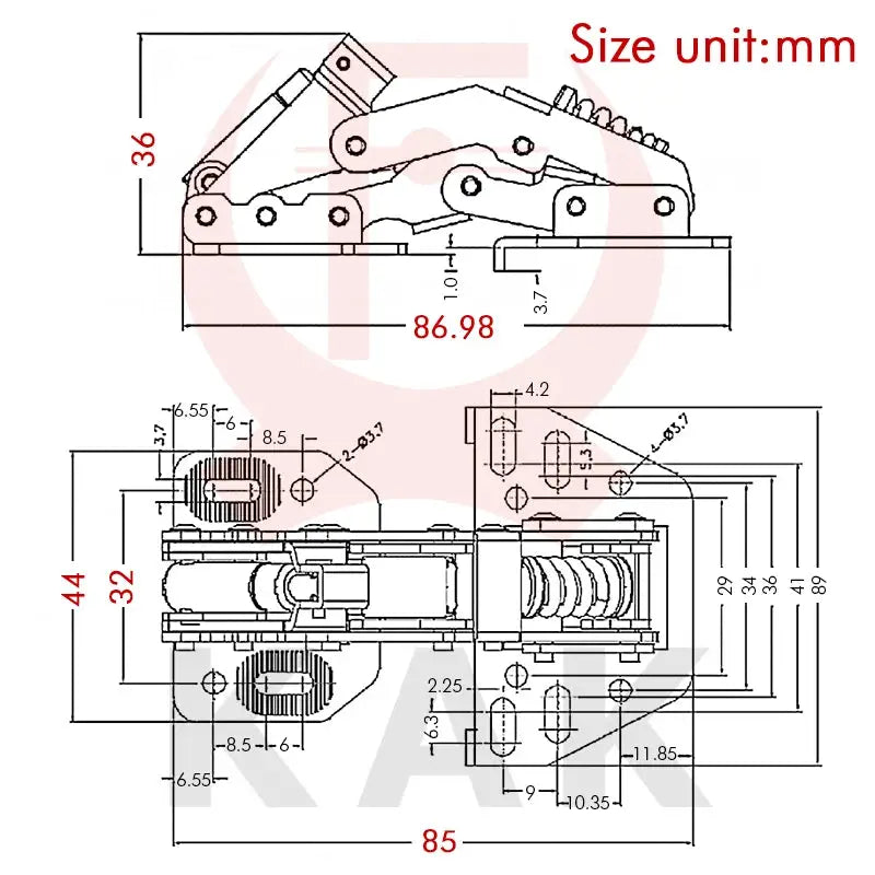 KAK hydraulic cabinet hinge with soft-close damper; black line drawing with mm measurements.
