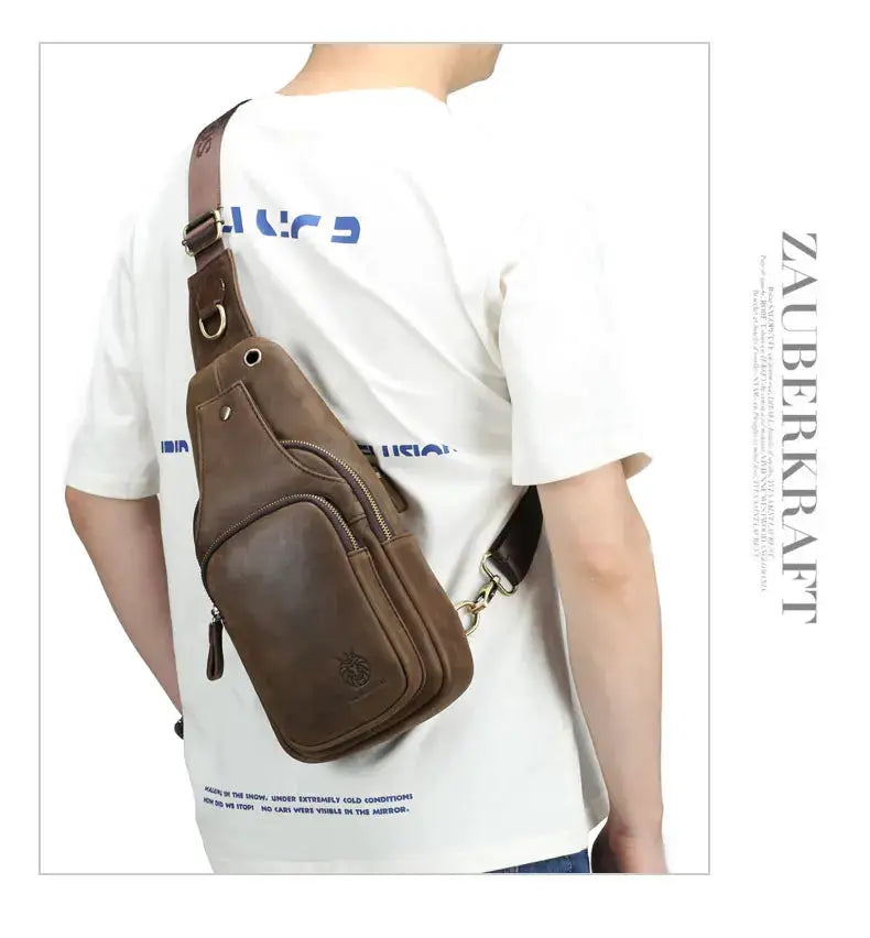 Schlatum brown genuine leather chest bag with triangle crossbody design and zip pockets, worn by man