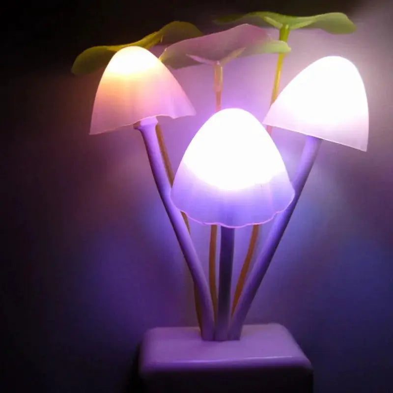 Novelty mushroom night light with 3 colorful LEDs, EU/US plug, light sensor on white base