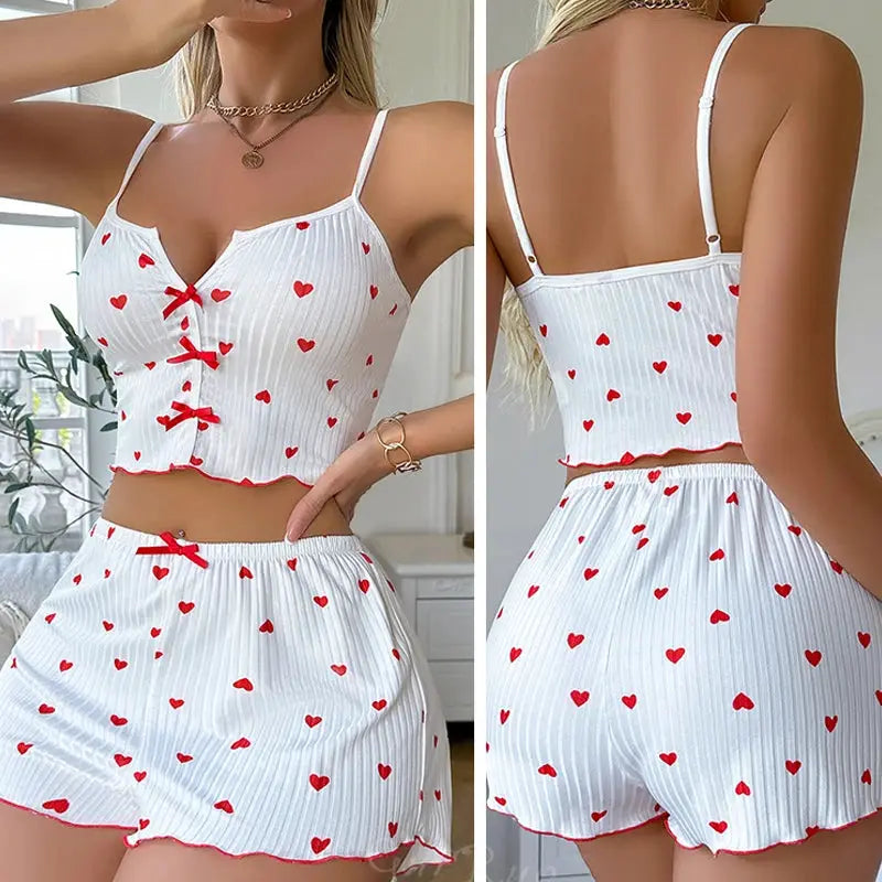 LunaLuxe Women Pajama Set Heart Print Soft Ribbed Fabric Cami Top And Shorts With Flirty Frill Trim