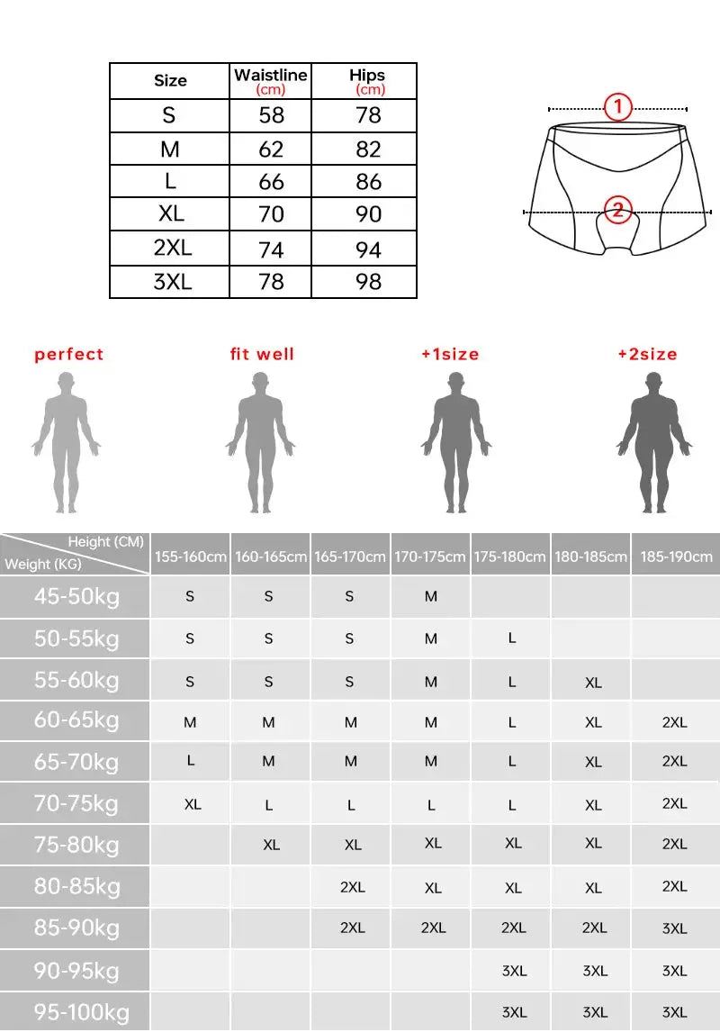 X-TIGER men's cycling underwear with 5D gel cushion by Simples Market; size chart and fit guide