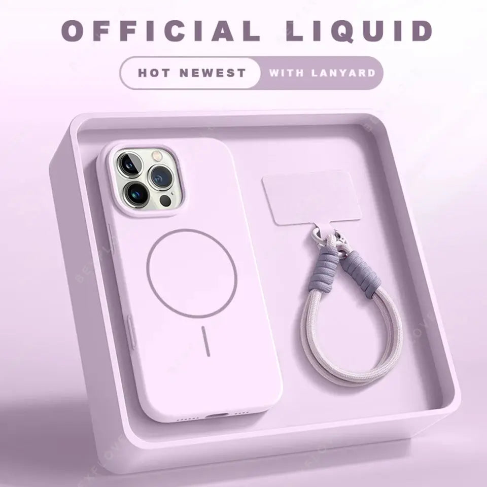 Official Magnetic Phone Case For iPhone 11 To 16 Pro Max With MagSafe And Lanyard Silicone Soft Cover