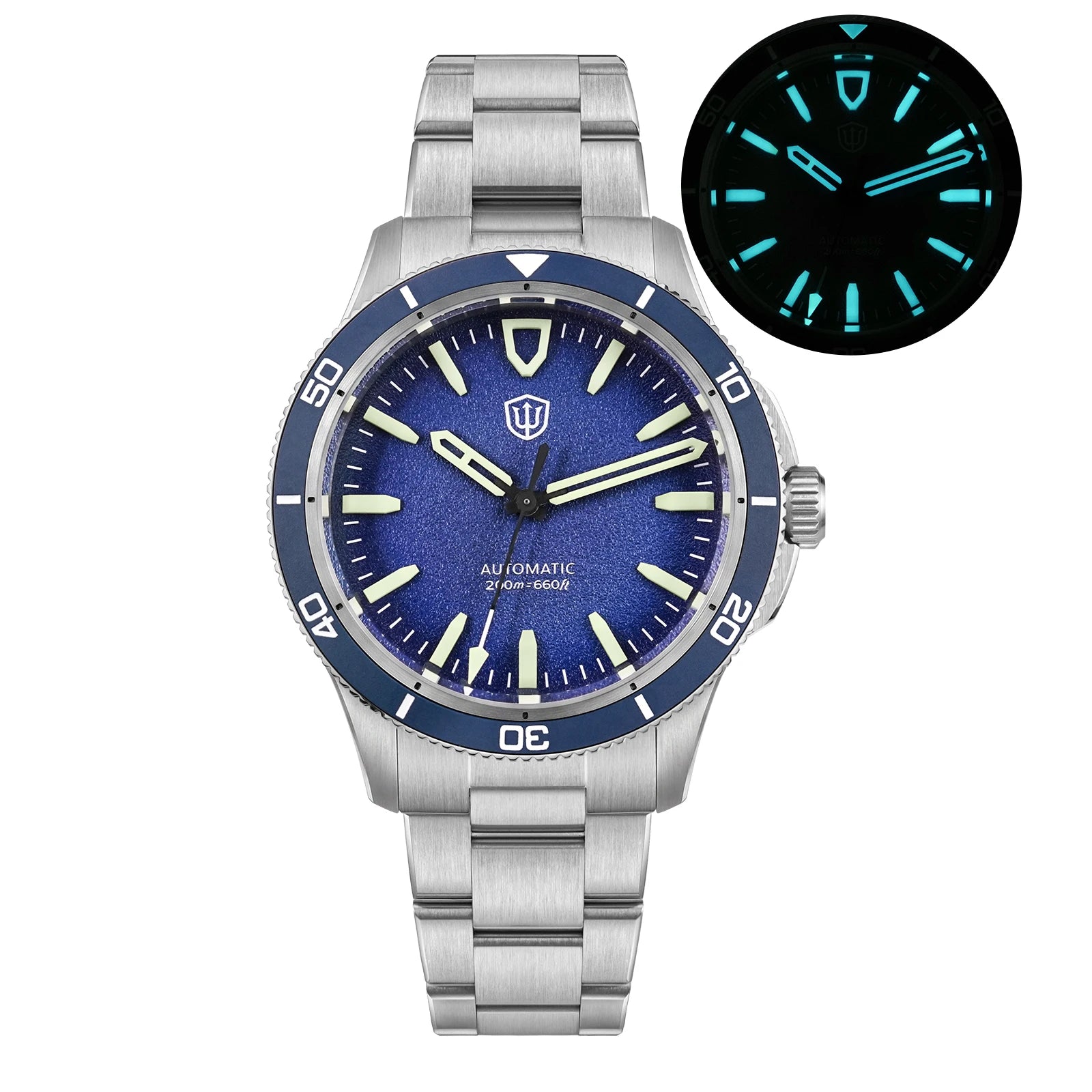 Watchdives WD0019 automatic diver watch, 39mm, blue dial, stainless steel bracelet, 200m water resistant