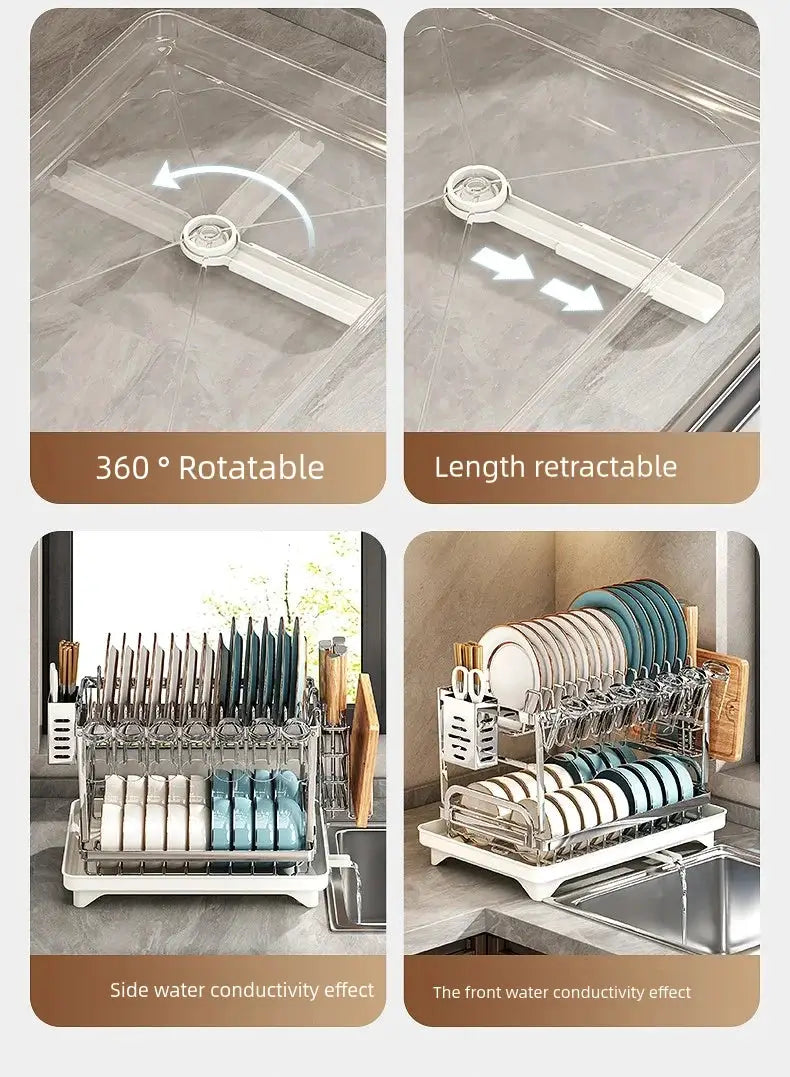 Stainless steel kitchen dish rack by Simples Market with white base, 360° rotatable and length-retractable