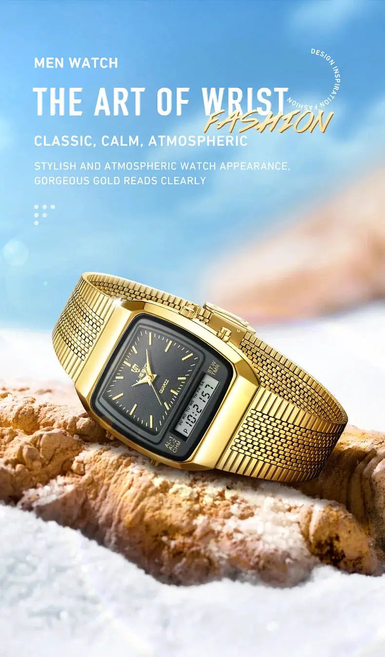 Gold-tone men's watch with mesh bracelet, analog-digital dial, dual time display, Simples Market