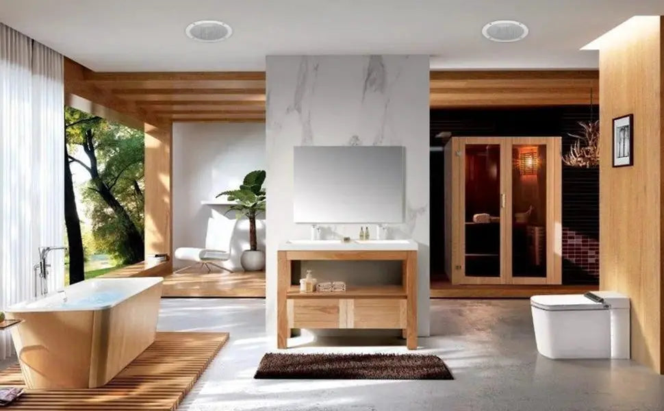 Ceiling speaker pair, white built-in, indoor use, shown in a modern bathroom suite with tub and sauna.