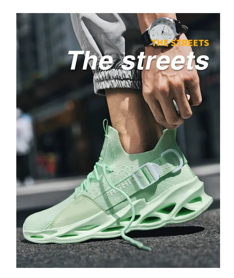 Mint green mesh sneakers with breathable upper and thick hollow sole, unisex athletic shoes.