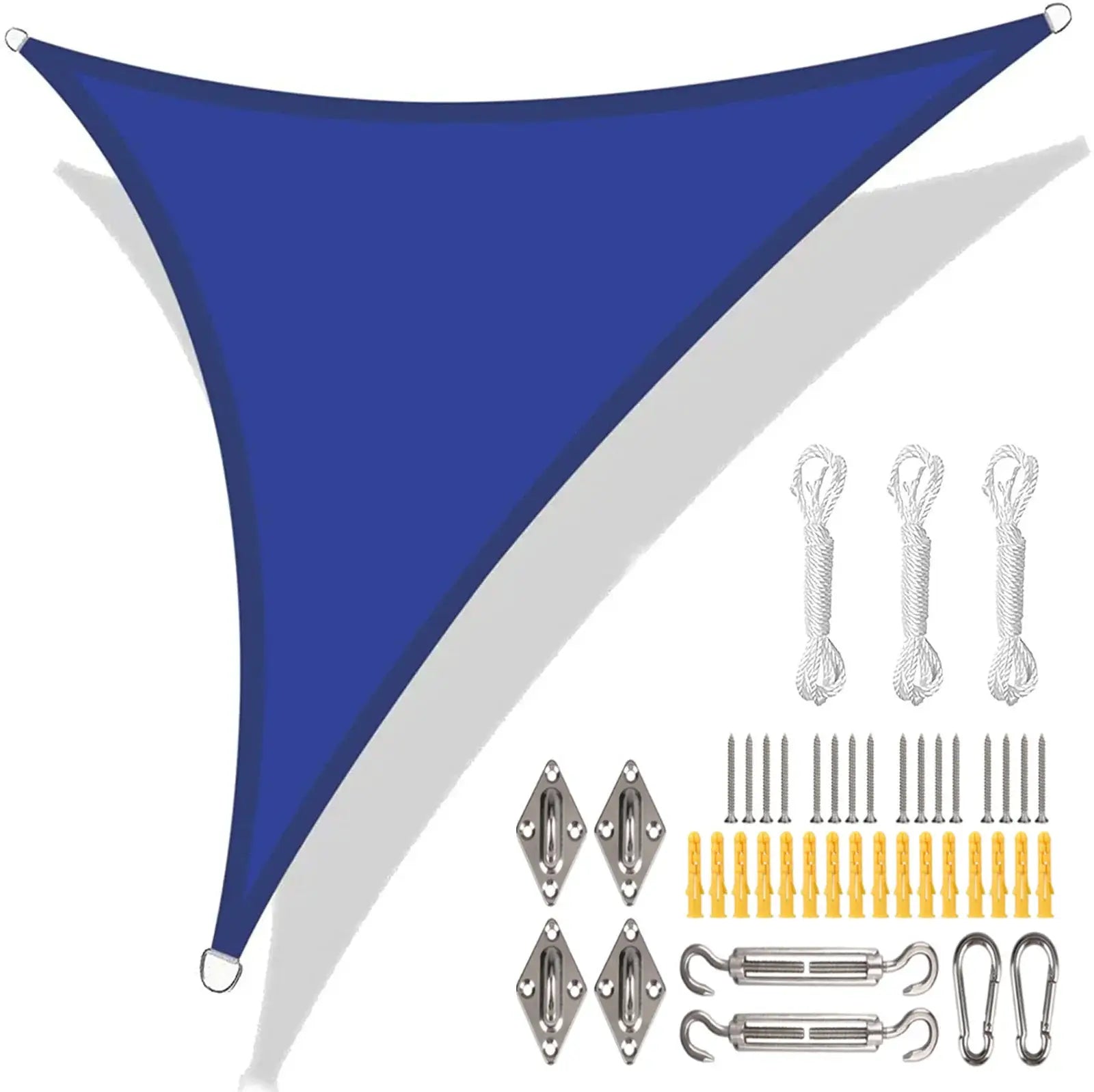 Triangle blue waterproof shade sail with 3 ropes and mounting hardware kit
