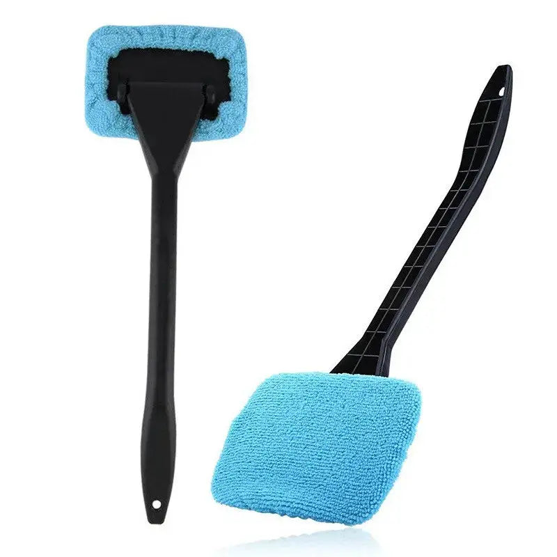 2-piece windshield cleaning brush set with blue microfiber pads on black handles