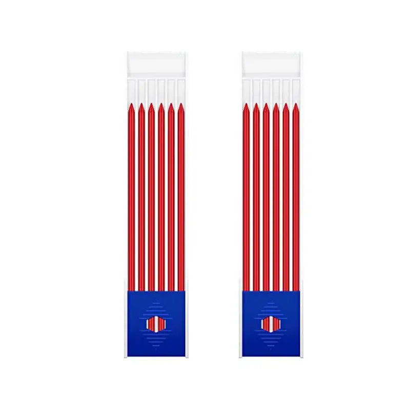 Two packs of red 2.8mm carpenter pencil refills with long-nosed tips and built-in sharpener, blue end caps