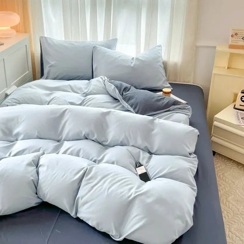 2-side solid light-blue brush fabric bed set, 4 pieces including duvet cover and pillowcases, Simples Market