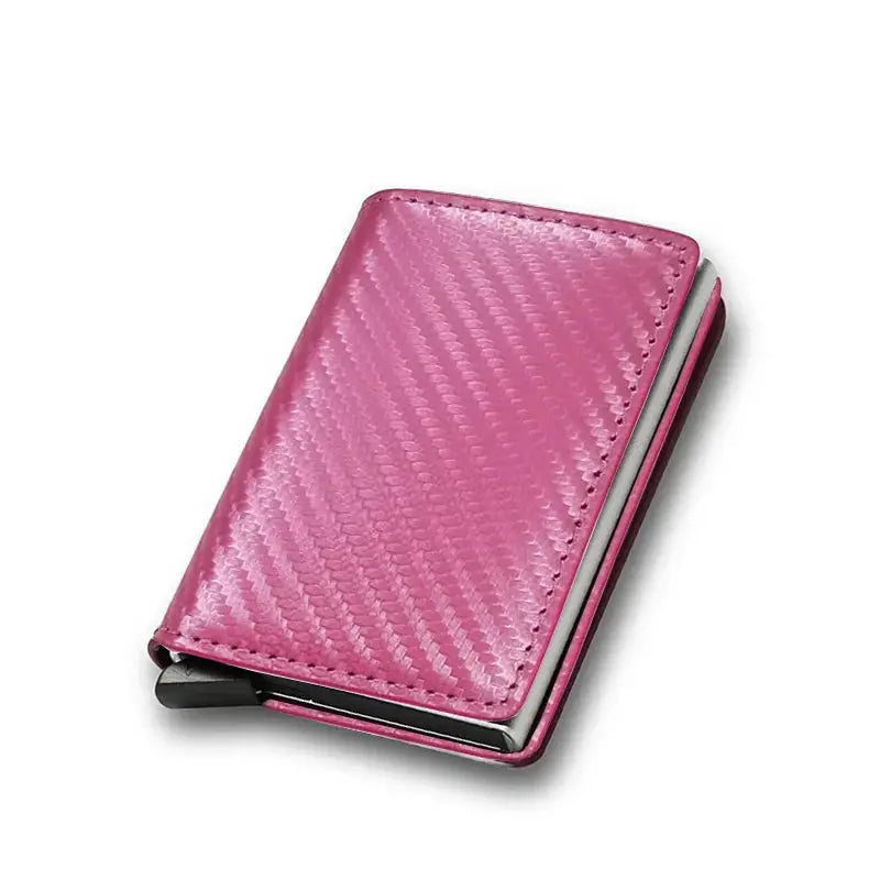 Pink carbon fiber RFID-blocking card holder wallet, compact minimalist design