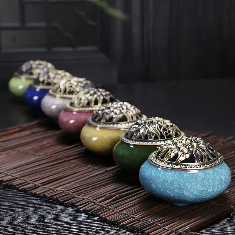 Ceramic Ice Crack Plate Incense Burner With Antique Copper Cover Aroma Diffuser Home Decor