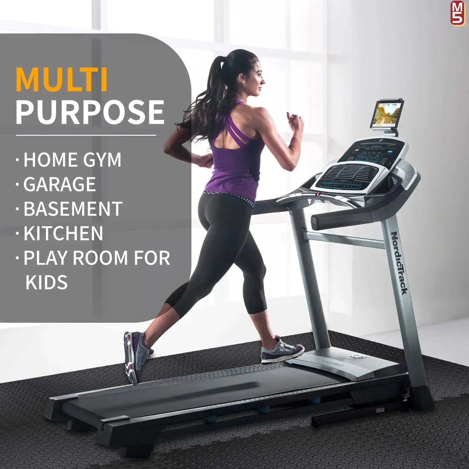 Simples Market EVA foam puzzle exercise mat for home gym; interlocking, non-slip surface under a treadmill.