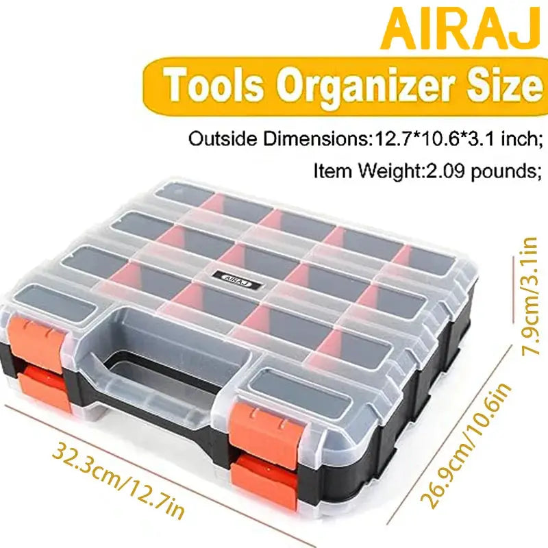 AIRAJ 34-compartment dual-sided parts organizer with removable dividers; clear lid, orange latches, Simples Market.