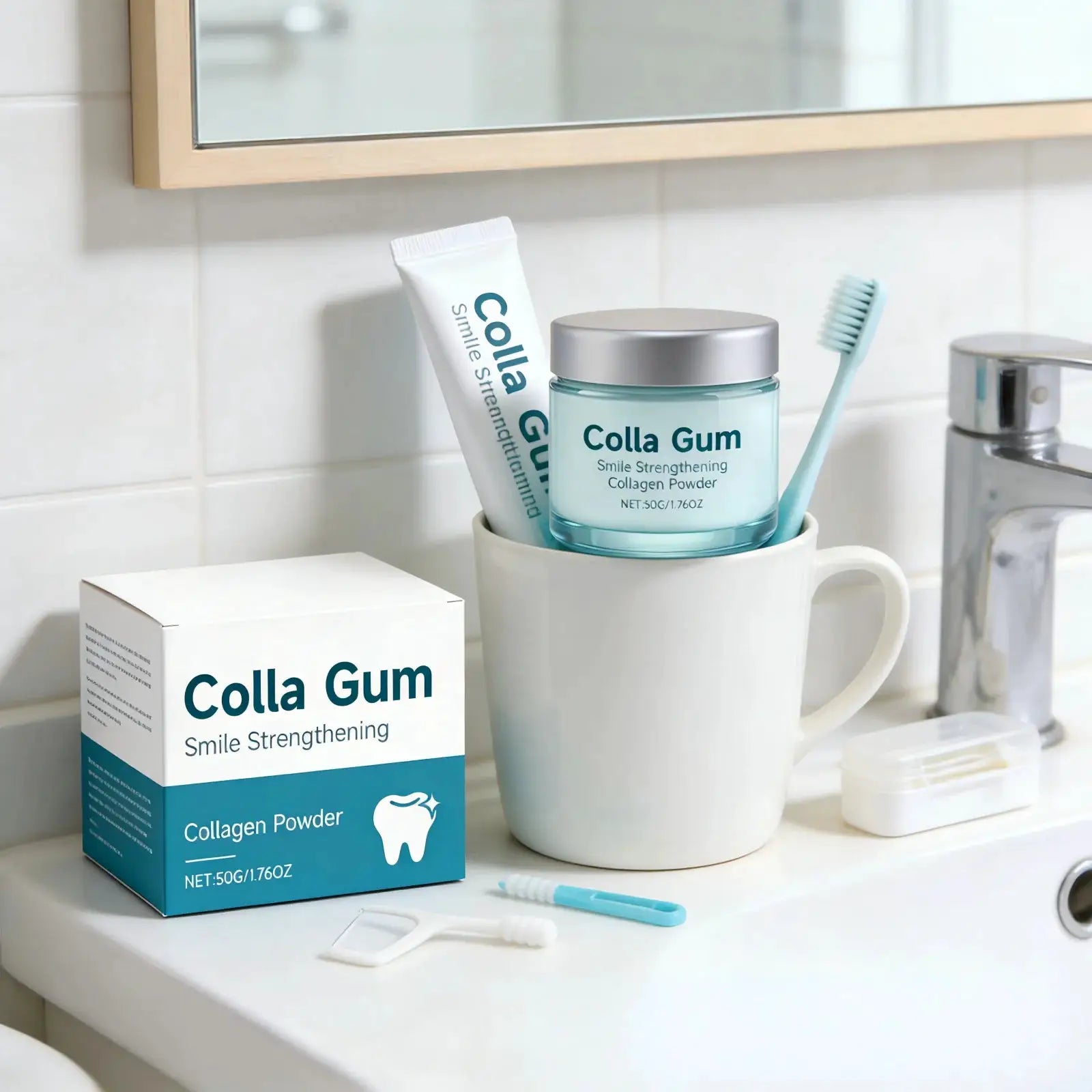 Colla Gum collagen powder jar by Simples Market with a toothpaste tube in a white mug on bathroom counter